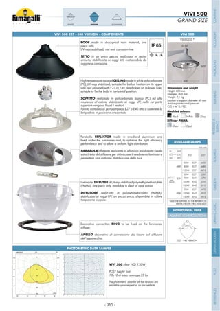- 365 -
VIVI 500
Height: 600 mm
Diameter: 600 mm
Weight: 7,1 Kg
Junction to support: diameter 60 mm
Area expose to wind pressure:
CxS = m2
0,1932
600
GRAND SIZE
VIVI 500
Grey
Moulded colours:
Diffuser PMMA:
Black White
Clear Opal
ECOVIVI 500 - LANTERN COMPONENTSVIVI 500 E27 - E40 VERSION - COMPONENTS
Parabolic REFLECTOR made in anodized aluminium and
performance and to allow a uniform light distribution.
PARABOLA
sotto il tetto del diffusore per ottimizzare il rendimento luminoso e
permettere una uniforme distribuzione della luce.
Decorative connection RING
diffuser.
ANELLO
dell’apparecchio.
ROOF made in shockproof resin material, one
piece only,
UV rays stabilized, rust and corrosion-free.
TETTO in un unico pezzo, realizzato in resina
antiurto, stabilizzata ai raggi UV, inattaccabile da
ruggine e corrosione.
LuminariesDIFFUSERofUVraysstabilizedpolymethylmethacrylate
(PMMA), one piece only, available in clear or opal colour.
DIFFUSORE realizzato in polimetilmetacrilato (PMMA),
stabilizzato ai raggi UV, un pezzo unico, disponibile in colore
trasparente o opale.
VIVI500VIVI400 ECOVIVI500
MBF
WITH
BALLAST
SON
HQI
50W
80W
125W
E27
E27
E27
.M50
.M80
.M12
50W
70W
100W
150W
E27
E27
E40
E40
.S50
.S70
.S10
.S15
70W
100W
150W
E27
E40
E40
.H70
.H10
.H15
GLS
CFL
LED
.E27E27
*ADD THE SUFFIXES TO THE REFERENCES
MENTIONED IN THE CATALOGUE
Add. Suffix
AVAILABLE LAMPS
600
Ø 60
High temperature resistant CEILING made in white polycarbonate
side and provided with E27 or E40 lampholder on its lower side,
SOFFITTO realizzato in policarbonato bianco (PC) ad alta
resistenza al calore, stabilizzato ai raggi UV, nella cui parte
Fornito completo di portalampada E27 o E40 atto a sostenere la
lampadina in posizione orizzontale.
HORIZONTAL BULB
AGAINST LIGHT POLLUTION
E27 - E40 VERSION
PHOTOMETRIC DATA SAMPLE
VIVI 500
POST height 5mt
10x10mt area: average 35 lux
The photometric data for all the versions are
available upon request or on our website.
10
15
20
25
25
25
30
30
30
30
35
35
35
35
35
35
35
35
35
35
40
40 40
40
40
40
40
40
40
45
45 45
45
45
4545
45
50
50 50
50
50
50
50
55
55
55
55
55
55
60
60
60
60
COMPANYFLOODLIGHTGARDENURBANCLASSICIN-GROUNDURBANMODERNREFERENCESBULKHEADPOSTBOLLARDSRECESSED&
SURFACE
 