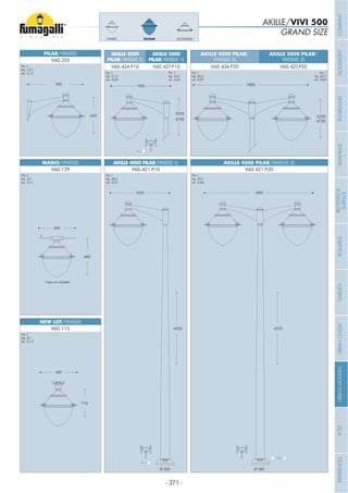 - 371 -
GRAND SIZE
AKILLE/VIVI 500
VIVI500VIVI400 ECOVIVI500
AKILLE 4500 PILAR/
VIVI500 2L
AKILLE 4500
PILAR/VIVI500 1L
AKILLE 5000 PILAR/
VIVI500 2L
AKILLE 5000
PILAR/VIVI500 1L
V60.424.P20V60.424.P10 V60.427.P20V60.427.P10
Pcs 1
Kg 63,2
mc 0,60
Pcs 1
Kg 54,3
mc 0,43
Pcs 1
Kg 60,2
mc 0,57
Pcs 1
Kg 51,3
mc 0,40
Pcs 1
Kg 57,2
mc 0,54
AKILLE 4000 PILAR/VIVI500 1L AKILLE 4000 PILAR/VIVI500 2L
V60.421.P10 V60.421.P20
Pcs 1
Kg 48,3
mc 0,37
4720
5220
1800
1030
4220
1030
5220
4720
1800
4220
920
650
PILAR/VIVI500
V60.253
Pcs 1
Kg 12,3
mc 0,15
600
710
600
600
*rope not included
NEW LOT/VIVI500
MARIO/VIVI500
V60.115
V60.129
Pcs 1
Kg 8,7
mc 0,13
Pcs 1
Kg 7,5
mc 0,11
Ø 265 Ø 265
COMPANYFLOODLIGHTGARDENURBANCLASSICIN-GROUNDURBANMODERNREFERENCESBULKHEADPOSTBOLLARDSRECESSED&
SURFACE
 