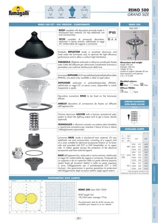- 381 -
REMO 500
Height: 850 mm
Diameter: 600 mm
Weight: 8,5 Kg
Junction to support: diameter 60 mm
Area expose to wind pressure:
CxS = m2
0,238
850
GRAND SIZE
REMO 500
Grey
Moulded colours:
Diffuser PMMA:
Black White
Clear Opal
ECOVIVI 500 - LANTERN COMPONENTSREMO 500 E27 - E40 VERSION - COMPONENTS
Parabolic REFLECTOR made in anodized aluminium and
performance and to allow a uniform light distribution.
PARABOLA
sotto il tetto del diffusore per ottimizzare il rendimento luminoso e
permettere una uniforme distribuzione della luce.
Decorative connection RING
diffuser.
ANELLO
dell’apparecchio.
LuminariesDIFFUSERofUVraysstabilizedpolymethylmethacrylate
(PMMA), one piece only, available in clear or opal colour.
DIFFUSORE realizzato in polimetilmetacrilato (PMMA),
stabilizzato ai raggi UV, un pezzo unico, disponibile in colore
trasparente o opale.
Luminaries BASE, made in shockproof resin material, UV rays
stabilized, rust and corrosion-free, consisting of a support and
side and provided with E27 or E40 lampholder on its upper
side. A rubber gasket assures the protection of the electrical
accessories seat from external agents.
BASE dell’apparecchio, realizzata in resina antiurto, stabilizzata
ai raggi UV, inattaccabile da ruggine e corrosione. Composta da
un supporto e da un coperchio nella cui parte inferiore possono
si trova l’alloggiamento per il portalampada E27 o E40
(incluso). Una guarnizione in gomma garantisce la protezione
dell’alloggiamento degli accessori elettrici dagli agenti esterni.
Chrome aluminium LOUVRE with a laminar symmetrical optic
system to direct the lighting output and to get a lower dazzle
(optional).
FRANGILUCE in alluminio cromato con sistema ottico lamellare
a ripartizione simmetrica per orientare il fascio di luce e ridurre
l’abbagliamento (opzionale).
REMO500 GINO500GINO400REMO400
MBF
WITH
BALLAST
SON
HQI
50W
80W
125W
E27
E27
E27
.M50
.M80
.M12
50W
70W
100W
150W
E27
E27
E40
E40
.S50
.S70
.S10
.S15
70W
100W
150W
E27
E40
E40
.H70
.H10
.H15
GLS
CFL
LED
.E27E27
Add. Suffix
*ADD THE ABOVE SUFFIXES TO THE
REFERENCES MENTIONED IN THE CATALOGUE
AVAILABLE LAMPS
CHROME ALUMINIUM
OPEN RINGS LOUVRE
H.FC6
Ø 90
220
600
Ø 60
PHOTOMETRIC DATA SAMPLE
REMO 500
POST height 5mt
10x10mt area: average 19 lux
The photometric data for all the versions are
available upon request or on our website.
13
13
15
15
15
15
15
18
18
18
18
18
18
18
18
18
18
18
20
20
20
20
20
20
20
20
20
23
23 23
23
23
23
23
23
23
25
25
ROOF complete with decorative pinnacle made in
shockproof resin material, UV rays stabilized, rust
and corrosion-free.
TETTO completo di pinnacolo decorativo,
realizzato in resina antiurto, stabilizzato ai raggi
UV, inattaccabile da ruggine e corrosione.
COMPANYFLOODLIGHTGARDENURBANCLASSICIN-GROUNDURBANMODERNREFERENCESBULKHEADPOSTBOLLARDSRECESSED&
SURFACE
 