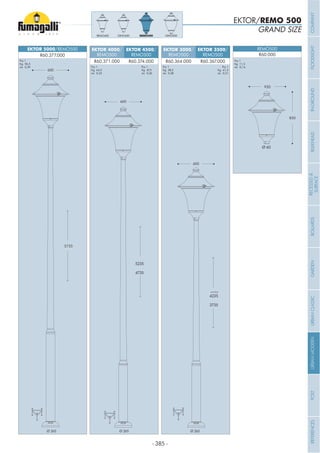 - 385 -
600
5735
600
5235
600
4235
EKTOR 3000/
REMO500
EKTOR 3500/
REMO500
EKTOR 4000/
REMO500
EKTOR 4500/
REMO500
EKTOR 5000/REMO500
R60.364.000 R60.367.000R60.371.000 R60.374.000
R60.377.000
Pcs 1
Kg 38,5
mc 0,28
Pcs 1
Kg 41,5
mc 0,31
Pcs 1
Kg 44,5
mc 0,33
Pcs 1
Kg 47,5
mc 0,36
Pcs 1
Kg 50,5
mc 0,39
GRAND SIZE
EKTOR/REMO 500
REMO500 GINO500GINO400REMO400
920
850
REMO500
R60.000
Pcs 1
Kg 11,5
mc 0,14
4235
3735
5235
4735
Ø 60
Ø 265Ø 265 Ø 265
COMPANYFLOODLIGHTGARDENURBANCLASSICIN-GROUNDURBANMODERNREFERENCESBULKHEADPOSTBOLLARDSRECESSED&
SURFACE
 