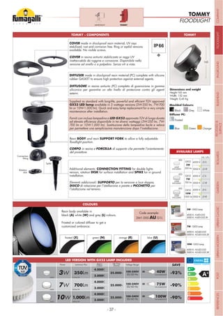 - 37 -
FLOODLIGHT
TOMMY
Height:165 mm
Width: 152 mm
Weight: 0,45 Kg
TOMMY - COMPONENTS TOMMY
165
LED
LED
LED
GX53
3W
350 lm
4000 K .G1L
3000 K
4000 K
3000 K
4000 K
3000 K
.G1R
GX53
7W
700 lm
.C1L
GX53
10W
1000 lm
.D1L
.C1R
.D1R
Add. Suffix
LAMP
INCLUDED
LAMP
INCLUDED
LAMP
INCLUDED
AVAILABLE LAMPS
Grey White
Moulded Colours:
Diffuser PC:
Black
Frosted
Blue Green Orange
DIFFUSER made in shockproof resin material (PC) complete with silicone
rubber GASKET to ensure high protection against external agents.
DIFFUSORE in resina antiurto (PC) completo di guarnizione in gomma
siliconica per garantire un alto livello di protezione contro gli agenti
esterni.
available in 3 wattage versions (3W-350 lm, 7W-700
maintenance after installation.
Forniti con inclusa lampadina a LED GX53 approvata TÜV di lunga durata
700 lm or 10W-1.000 lm). Sostituzione della lampadina facile e veloce
per permettere una semplicissima manutenzione dopo l’installazione.
Additional elements: CONNECTION FITTING for double lights
version, rotation DISK for surface installation and SPIKE for in ground
installation.
Elementi addizionali: SUPPORTO per la versione a luce doppia,
DISCO di rotazione per l’istallazione a parete e PICCHETTO per
l’istallazione nel terreno.
Resin BODY and resin SUPPORT FORK to allow a fully adjustable
CORPO in resina e FORCELLA
del proiettore.
COVER made in shockproof resin material, UV rays
stabilized, rust and corrosion free. Ring or eyelid versions
available. No visible screws.
COVER in resina antiurto stabilizzata ai raggi UV
inattaccabile da ruggine e corrosione. Disponibile nella
versione ad anello o a palpebra. Senza viti a vista.
TOMMYMINITOMMY
Connection
Spike
Rotation
disk
frosted (X) green (N) orange (R) blue (U)
Resin body available in
black (A) white (W) and grey (L) colours.
Frosted or colored diffuser to get a
customized ambiance:
Code example:
2M1.000.AU G1L
COLOURS
10W - GX53 Lamp
4000 K: H3.LED.G53
3000 K: H3.LED.G53.3K
3W - GX53 Lamp
4000 K: H.LED.G53
3000 K: H.LED.G53.3K
7W - GX53 Lamp
4000 K: H2.LED.G53
3000 K: H2.LED.G53.3K
100-240V
50/60 Hz
100-240V
50/60 Hz
100-240V
50/60 Hz
3W
7W
10W
350Lm
700Lm
1.000Lm
Voltage RangeLife Time
(hours)
Kelvin
ColourLuminous FluxPower
25.000h
25.000h
25.000h
SAVE
-93%
-90%
-90%
= 40W
INCANDESCENT
= 75W
INCANDESCENT
= 100W
INCANDESCENT
4.000K
3.000KGX53
GX53
GX53
100 lm/W
100 lm/W
115 lm/W
4.000K
3.000K
4.000K
3.000K
LED VERSION WITH GX53 LAMP INCLUDED
COMPANYFLOODLIGHTGARDENURBANCLASSICIN-GROUNDURBANMODERNREFERENCESBULKHEADPOSTBOLLARDSRECESSED&
SURFACE
 