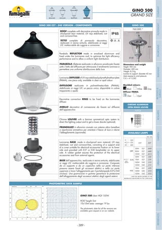 - 389 -
GINO 500
Height: 850 mm
Diameter: 600 mm
Weight: 8,5 Kg
Junction to support: diameter 60 mm
Area expose to wind pressure:
CxS = m2
0,262
850
GRAND SIZE
GINO 500
Grey
Moulded colours:
Diffuser PMMA:
Black White
Clear Opal
ECOVIVI 500 - LANTERN COMPONENTSGINO 500 E27 - E40 VERSION - COMPONENTS
Parabolic REFLECTOR made in anodized aluminium and
performance and to allow a uniform light distribution.
PARABOLA
sotto il tetto del diffusore per ottimizzare il rendimento luminoso e
permettere una uniforme distribuzione della luce.
Decorative connection RING
diffuser.
ANELLO
dell’apparecchio.
LuminariesDIFFUSERofUVraysstabilizedpolymethylmethacrylate
(PMMA), one piece only, available in clear or opal colour.
DIFFUSORE realizzato in polimetilmetacrilato (PMMA),
stabilizzato ai raggi UV, un pezzo unico, disponibile in colore
trasparente o opale.
Luminaries BASE, made in shockproof resin material, UV rays
stabilized, rust and corrosion-free, consisting of a support and
side and provided with E27 or E40 lampholder on its upper
side. A rubber gasket assures the protection of the electrical
accessories seat from external agents.
BASE dell’apparecchio, realizzata in resina antiurto, stabilizzata
ai raggi UV, inattaccabile da ruggine e corrosione. Composta
da un supporto e da un coperchio nella cui parte inferiore
superiore si trova l’alloggiamento per il portalampada E27o E40
(incluso). Una guarnizione in gomma garantisce la protezione
dell’alloggiamento degli accessori elettrici dagli agenti esterni.
Chrome LOUVRE with a laminar symmetrical optic system to
direct the lighting output and to get a lower dazzle (optional).
FRANGILUCE in alluminio cromato con sistema ottico lamellare
a ripartizione simmetrica per orientare il fascio di luce e ridurre
l’abbagliamento (opzionale).
REMO500 GINO500GINO400REMO400
MBF
WITH
BALLAST
SON
HQI
50W
80W
125W
E27
E27
E27
.M50
.M80
.M12
50W
70W
100W
150W
E27
E27
E40
E40
.S50
.S70
.S10
.S15
70W
100W
150W
E27
E40
E40
.H70
.H10
.H15
GLS
CFL
LED
.E27E27
Add. Suffix
*ADD THE ABOVE SUFFIXES TO THE
REFERENCES MENTIONED IN THE CATALOGUE
AVAILABLE LAMPS
CHROME ALUMINIUM
OPEN RINGS LOUVRE
H.FC6
600
Ø 60
PHOTOMETRIC DATA SAMPLE
Ø 90
220
GINO 500
POST height 5mt
10x10mt area: average 19 lux
The photometric data for all the versions are
available upon request or on our website.
13
13
15
15
15
15
15
18
18
18
18
18
18
18
18
18
18
18
20
20
20
20
20
20
20
20
20
23
23 23
23
23
23
23
23
23
25
25
ROOF complete with decorative pinnacle made in
shockproof resin material, UV rays stabilized, rust
and corrosion-free.
TETTO completo di pinnacolo decorativo,
realizzato in resina antiurto, stabilizzato ai raggi
UV, inattaccabile da ruggine e corrosione.
COMPANYFLOODLIGHTGARDENURBANCLASSICIN-GROUNDURBANMODERNREFERENCESBULKHEADPOSTBOLLARDSRECESSED&
SURFACE
 