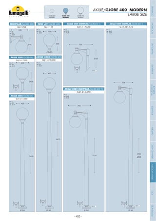 - 403 -
3255
705
3755
4255
716
705
3755
LARGE SIZE
AKILLE/GLOBE 400 MODERN
3900
400
3400
400
AKILLE 3000/GLOBE400
AKILLE 3500/GLOBE400
G41.414.000
G41.417.000
Pcs 1
Kg 33
mc 0,17
Pcs 1
Kg 36
mc 0,19
4415
400
AKILLE 4000/GLOBE400
G41.421.000
Pcs 1
Kg 39
mc 0,21
AKILLE 3500 MIDIPILAR/GLOBE400 1L AKILLE 4000 MIDIPILAR/GLOBE400 1L
AKILLE 3000 MIDIPILAR/GLOBE400 1L
G41.417.A10 G41.421.A10
G41.414.A10
Pcs 1
Kg 37,8
mc 0,26
Pcs 1
Kg 40,8
mc 0,30
Pcs 1
Kg 34,8
mc 0,22
640
590
G41.254
MIDIPILAR/GLOBE 400
Pcs 2
Kg 3,2
mc 0,09
650
400
G41.115
Pcs 1
Kg 3,2
mc 0,07
NEW LOT/GLOBE 400
4255
GLOBE 500
MODERN
GLOBE 400
MODERN
GLOBE 300
MODERN
Ø 265Ø 265 Ø 265 Ø 265
COMPANYFLOODLIGHTGARDENURBANCLASSICIN-GROUNDURBANMODERNREFERENCESBULKHEADPOSTBOLLARDSRECESSED&
SURFACE
 