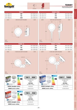 - 39 -
FLOODLIGHT
TOMMY
165
152
73
100
TOMMY
Pcs 18
Kg 14
mc 0,092
73
340
152 100
TOMMY SPIKE
Pcs 18
Kg 15
mc 0,092
TOMMYMINITOMMY
smd LED (10W)
1000 Lm
25.000 h
100-240V
50/60Hz 100mA
10W = 100W
Production monitored
Safety Tested
4000K (daylight white) H3.LED.G53
3000K (warm white) H3.LED.G53.3K
smd LED (3W)
350Lm
25.000 h
100-240V
50/60Hz 100mA
4000K (daylight white) H.LED.G53
3000K (warm white) H.LED.G53.3K
3W = 40W
Production monitored
Safety Tested
smd LED (7W)
700Lm
25.000 h
100-240V
50/60Hz 100mA
7W = 75W
Production monitored
Safety Tested
4000K (daylight white) H2.LED.G53
3000K (warm white) H2.LED.G53.3K
2M1.000.G1L 3W 2M1.000.G1R
2M1.000.C1L 7W 2M1.000.C1R
2M1.000.D1L 10W 2M1.000.D1R
2M1.001.G1L 3W 2M1.001.G1R
2M1.001.C1L 7W 2M1.001.C1R
2M1.001.D1L 10W 2M1.001.D1R
340 / 416
193 / 214
TOMMY 2L
340 / 416
193 / 214
180
TOMMY 2L SPIKE
Pcs 8
Kg 13
mc 0,092
Pcs 8
Kg 14
mc 0,092
4M1.000.G2L 3W 4M1.000.G2R
4M1.000.C2L 7W 4M1.000.C2R
4M1.000.D2L 10W 4M1.000.D2R
4M1.001.G2L 3W 4M1.001.G2R
4M1.001.C2L 7W 4M1.001.C2R
4M1.001.D2L 10W 4M1.001.D2R
2 GX53 LED LAMPS INCLUDED
GX53 LED LAMP INCLUDED
2 GX53 LED LAMPS INCLUDED
GX53 LED LAMP INCLUDED
4000K
4000K
4000K
4000K
3000K
3000K
3000K
3000K
COMPANYFLOODLIGHTGARDENURBANCLASSICIN-GROUNDURBANMODERNREFERENCESBULKHEADPOSTBOLLARDSRECESSED&
SURFACE
 