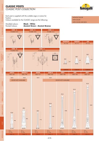 - 418 -
WITHOUT DOOR
WITH DOOR AND BOX
WITH DOOR
MIZAR GIGI
MINILOT
RICU
LOTMIKROLOT
000.151 000.156000.195
H.111
resin
000.163 000.157
H.113
000.158
resin resin
000.162
H.110
resin
CAGE - A
SCREWS
CAGE -BSCREWSCAGE - C
SCREWS
CAGE - BCAGE - A
SCREWS
CAGE - B
Pcs 2
Kg 8,5
mc 0,057
Pcs 2
Kg 12
mc 0,151
Pcs 5
Kg 10
mc 0,61
Pcs 1
Kg 4,3
mc 0,075
Pcs 2
Kg 15,2
mc 0,182
Pcs 2
Kg 9,7
mc 0,086
Pcs 2
Kg 15,6
mc 0,214
CAGE - A
CAGE - D CAGE - E
CAGE - B CAGE - C
H.GAB.10.A
H.GAB.18.D H.GAB.18.E
H.GAB.10.B H.GAB.14.C
CLASSIC POST COLLECTION
CLASSIC POSTS
DOOR NOT AVAILABLEDOOR NOT AVAILABLE
Each post is supplied with the suitable cage or screws for
Colours available for the CLASSIC range are the following:
Moulded colours: Black - White
Painted Colours: Ancient Green - Ancient Bronze
123 182 182
325
182
COMPANYGARDENFLOODLIGHTURBANCLASSICIN-GROUNDURBANMODERNREFERENCESBULKHEADPOSTBOLLARDS
RECESSED&
SURFACE
 