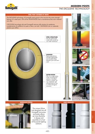 - 423 -
THE EXCLUSIVE TECHNOLOGY
MODERN POSTS
STEEL POST COVERED BY RESIN
MODULAR SYSTEM POST COLOURS
ANTI CORROSION
UV-RAYS STABILIZED
NO MAINTENANCE
DOUBLE INSULATION
Ø 60mm
GREY BLACK WHITE
The EXCLUSIVE technology of Fumagalli posts grants to the structure the same strength
features of a steel post, with all the ADVANTAGES that a maintenance-free resin material
can offer.
L’ESCLUSIVA tecnologia dei pali Fumagalli assicura alla struttura le madesime
caratteristiche di solidità di un palo in ferro, con tutti i VANTAGGI che un materiale
plastico può offrire.
OUTER RESIN.
Pole of a single piece,
made of shockproof
polymer. Moulded
colours in paste, UV-
rays stabilized, self
no chemical agents
corrosion.
EXPANSE.
Rigid polyurethane
provides lightweight
between post and resin
outer
STEEL STRUCTURE.
Hot dip galvanized
inside and outside by
zinc bath immersion.
The unique 60mm
hub designed into all
Fumagalli luminaries
and poles allows
in design and
assembly of a host
of thousands lighting
solutions.
NOT AFFECTED BY
CHEMICAL FERTILIZES
COMPANYFLOODLIGHTGARDENURBANCLASSICIN-GROUNDURBANMODERNREFERENCESBULKHEADPOSTBOLLARDSRECESSED&
SURFACE
 