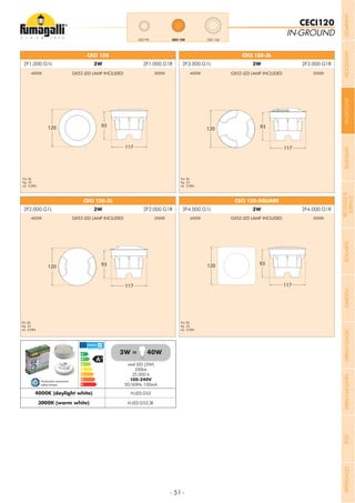 - 51 -
IN-GROUND
CECI120
117
93120
117
93120
CECI 120
CECI 120-2L
117
93120
117
93120
CECI 120-3L
CECI 120-SQUARE
CECI 120CECI 90 CECI 160
smd LED (3W)
350Lm
25.000 h
100-240V
50/60Hz 100mA
4000K (daylight white) H.LED.G53
3000K (warm white) H.LED.G53.3K
3W = 40W
Production monitored
Safety Tested
2F1.000.G1L 3W 2F1.000.G1R
2F2.000.G1L 3W 2F2.000.G1R
2F3.000.G1L 3W 2F3.000.G1R
2F4.000.G1L 3W 2F4.000.G1R
Pcs 36
Kg 23
mc 0,084
Pcs 36
Kg 23
mc 0,084
Pcs 36
Kg 23
mc 0,084
Pcs 36
Kg 23
mc 0,084
GX53 LED LAMP INCLUDED
GX53 LED LAMP INCLUDED
GX53 LED LAMP INCLUDED
GX53 LED LAMP INCLUDED
4000K
4000K
4000K
4000K
3000K
3000K
3000K
3000K
COMPANYFLOODLIGHTGARDENURBANCLASSICIN-GROUNDURBANMODERNREFERENCESBULKHEADPOSTBOLLARDSRECESSED&
SURFACE
 