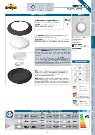 BERTINA
Dimensions and weight
Diameter: ø 200 mm
Depth: 70 mm
Weight: 0,4 Kg
Grey
Moulded colours:
Diffuser PMMA:
Black White
Opal
ø 200
COVER with no visible screws made in
shockproof resin material UV rays stabilized.
COVER senza viti a vista realizzata in resina
antiurto stabilizzata ai raggi UV.
Opal DIFFUSER of UV stabilized polymethylmethacrylate
(PMMA) screwed to the bulkhead base.
DIFFUSORE opale realizzato in polimetilmetacrilato (PMMA)
stabilizzato ai raggi UV da avvitare alla base della plafoniera.
BASE made in shockproof resin material, UV rays stabilized,
suitable for the electrical devices xation. Provided with GX53
lampholder and with silicone rubber gasket to ensure high
protection against external agents.
BASE realizzata in resina antiurto, stabilizzata ai raggi UV,
adatta ad alloggiare gli accessori elettrici. Fornita completa di
portalampada GX53 e di guarnizione in gomma siliconica per
garantire un alto livello di protezione contro gli agenti esterni.
BERTINA COMPONENTS
BERTINA
ROUND SHAPE
AVAILABLE LAMPS
BERTA UMBERTABERTINA
LED
LED
LED
GX53
3W
350 lm
4000 K .G1L
3000 K
4000 K
3000 K
4000 K
3000 K
.G1R
GX53
7W
700 lm
.C1L
GX53
10W
1000 lm
.D1L
.C1R
.D1R
Add. Suffix
LAMP
INCLUDED
LAMP
INCLUDED
LAMP
INCLUDED
Supplied as standard with long-life, powerful and ef cient TÜV
approved GX53 LED lamp available in 3 wattage versions
(3W-350 lm, 7W-700 lm or 10W-1.000 lm). Quick and
easy lamp replacement for a very simple maintenance after
installation.
Fornita con inclusa lampadina a LED GX53 approvata
TÜV di lunga durata ed elevata ef cienza disponibile in tre
diverse potenze (3W-350 lm, 7W-700 lm or 10W-1.000 lm).
Sostituzione della lampadina facile e veloce per permettere una
semplicissima manutenzione dopo l’installazione.
10W - GX53 Lamp
4000 K: H3.LED.G53
3000 K: H3.LED.G53.3K
3W - GX53 Lamp
4000 K: H.LED.G53
3000 K: H.LED.G53.3K
7W - GX53 Lamp
4000 K: H2.LED.G53
3000 K: H2.LED.G53.3K
100-240V
50/60 Hz
100-240V
50/60 Hz
100-240V
50/60 Hz
3W
7W
10W
350Lm
700Lm
1.000Lm
Voltage RangeLife Time
(hours)
Kelvin
ColourLuminous FluxPower
25.000h
25.000h
25.000h
SAVE
-93%
-90%
-90%
= 40W
INCANDESCENT
= 75W
INCANDESCENT
= 100W
INCANDESCENT
4.000K
3.000KGX53
GX53
GX53
100 lm/W
100 lm/W
115 lm/W
4.000K
3.000K
4.000K
3.000K
LED VERSION WITH GX53 MODULE INCLUDED
N
EW
- 59 -
COMPANYFLOODLIGHTGARDENURBANCLASSICIN-GROUNDURBANMODERNREFERENCESBULKHEADPOSTBOLLARDSRECESSED&
SURFACE
 