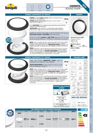 UMBERTA
Grey
Moulded colours:
Diffuser PMMA:
Black White
Opal
ø 350
UMBERTA
ROUND SHAPE
COVER with no visible screws made in shockproof resin
material UV rays stabilized.
COVER senza viti a vista realizzata in resina antiurto
stabilizzata ai raggi UV.
Opal DIFFUSER of UV stabilized polymethylmethacrylate (PMMA)
screwed to the bulkhead base.
DIFFUSORE opale realizzato in polimetilmetacrilato (PMMA)
stabilizzato ai raggi UV da avvitare alla base della plafoniera.
BASE made in shockproof resin material provided with silicone rubber
gasket to ensure high protection against external agents. Supplied
complete with highly heat resistant REFLECTIVE PLATE equipped with
single or double E27 lampholder. Available also with daylight and
motion microwave sensor.
BASE realizzata in resina antiurto provvista di guarnizione in gomma
siliconica per garantire un alto livello di protezione contro gli agenti
esterni. Fornita completa di PIATTO RIFLETTENTE ad alta resistenza
al calore equipaggiato con portalampada E27 singolo o doppio.
Disponibile anche con sensore di movimento e crepuscolare a
microonde.
BASE made in shockproof resin material provided with silicone rubber
gasket to ensure high protection against external agents. Supplied
complete with highly heat resistant REFLECTIVE PLATE equipped with
GX53 lampholder. Available also with daylight and motion microwave
sensor.
BASE realizzata in resina antiurto provvista di guarnizione in gomma
siliconica per garantire un alto livello di protezione contro gli agenti
esterni. Fornita completa di PIATTO RIFLETTENTE ad alta resistenza
al calore equipaggiato con portalampada GX53. Disponibile anche
con sensore di movimento e crepuscolare a microonde.
UMBERTA COMPONENTS LED VERSION
UMBERTA COMPONENTS E27 VERSION
DAYLIGHT AND MOTION
SENSOR
Supplied as standard with long-life, powerful and ef cient TÜV approved
GX53 LED module 11W-900lm with built-in driver.
Fornita con incluso modulo a LED GX53 approvato TÜV di lunga
durata ed elevata ef cienza 11W-900lm con alimentatore incorporato.
100-240V
50/60 Hz11W
NEW
900Lm
Voltage RangeLuminous FluxPower
25.000h
SAVE
-89%= 100W
INCANDESCENT
GX53
4.000K
3.000K
Life Time
(hours)
Kelvin
Colour
82 lm/W
180 mm
LED VERSION WITH GX53 MODULE INCLUDED
BERTA UMBERTABERTINA
Dimensions and weight
Diameter: ø 350 mm
Depth: 94 mm
Weight: 1,3 Kg
DETECTION ANGLE
30° - 150°
FIELDS OF DETECTION
1 - 5 MT
Sensor operating voltage:
220-240V
(120V version available on demand).
(adjustable)
AVAILABLE LAMPS
CFL
LED .E27E27
CFL E27
CFL
.E28
.ES7
.ES8
2x E27
LED
GX53
11W
900 lm
4000 K .B1L
3000 K .B1RLAMP
INCLUDED
LED GX53
11W
900 lm
with
sensor
4000 K .BSL
3000 K .BSRLAMP
INCLUDED
LED
LED
WITH
SENSOR
CFL 2x E27
LED
WITH
SENSOR
ADD THE ABOVE SUFFIXES TO THE
REFERENCES MENTIONED IN THE CATALOGUE
Add. Suffix
180 mm
180 mm
Highly heat resistant REFLECTIVE PLATE made by
schockproof resin material, UV rays stabilized.
PIATTO RIFLETTENTE ad alta resistenza al calore in resina
antiurto stabilizzata ai raggi UV.
11W - GX53 Lamp
4000 K: H4.LED.G53
3000 K: H4.LED.G53.3K
N
EW
NEW
GX53 LED
MODULE
NEW LED MODULE
- 67 -
COMPANYFLOODLIGHTGARDENURBANCLASSICIN-GROUNDURBANMODERNREFERENCESBULKHEADPOSTBOLLARDSRECESSED&
SURFACE
 