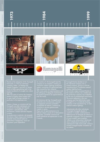 COMPANY
ESTABLISHMENT
- 6 -- 6 -
Thanks to the enterprise of Mr. Fumagalli
Giancarlo, in 1973 an individual
company called “La Bottega dei
Maestri Forgiatori” was born in Varese
(north of Italy) specialising itself in the
artistic handwork of wrought iron indoor
lightings.
started to employ some workers and
to open itself to foreign markets, in
particular to the Japanese one.
Nasce a Varese, su iniziativa del Sig.
Fumagalli una ditta individuale con
il nome di “La Bottega dei Maestri
Forgiatori”, specializzata nella
lavorazione artistica del ferro forgiato
a mano.
La produzione è costituita da lampade
da interno. Dopo cinque anni l’azienda
aprendo verso mercati esteri (in
particolare il Giappone), inizia ad
assumere i primi dipendenti.
An intuition of Mr.Fumagalli lead the
company to an evolution, creating an
innovative outdoor lightings production
system, consisting of a galvanized steel
tube covered by resin material.
After some years of experimentation and
the setting-up of adeguate machineries,
the product started to be appreciated all
over the world.
Un’intuizione del Sig. Fumagalli porta
l’azienda ad un’evoluzione, creando
un ingegnoso processo produttivo
di lampade da esterno, costituito da
un’anima in acciaio galvanizzato
rivestito in resina.
Dopo anni di sperimentazioni e la
faticosa messa a punto di un’attrezzatura
adeguata, il prodotto comincia ad
essere distribuito ed apprezzato in tutto
il mondo.
Fumagalli family decides to turn
the individual company into a
limited company, going on with the
manufacturing of “composite material”
The articles range increased thanks to
the creation of many new models and
the production capacity was multiplied
by the use of computerized machineries.
The recent settlement in the new
Fumagalli S.r.l. a worldwide leading
company in the manufacturing of resin
material outdoor lightings.
Subentrando alla ditta individuale,
la famiglia Fumagalli decide di
costituirsi in società, continuando la
fabbricazione di lampade da esterno in
materiale composito. Con la creazione
di nuovi modelli viene ampliata
l’offerta e con attrezzature robotizzate
viene moltiplicata la produttività. La
sistemazione nella nuova sede rende la
società Fumagalli leader mondiale nel
suo settore.
1973
1984
1972
1974
1975
1976
1977
1978
1979
1980
1981
1982
1983
1985
1986
1987
1988
1989
1990
1991
1992
1993
1994
1995
1996
1997
1998
2000
1999
i t a l i a n l u x
COMPANYGARDENFLOODLIGHTURBANCLASSICIN-GROUNDURBANMODERNREFERENCESBULKHEADPOSTBOLLARDS
RECESSED&
SURFACE
 
