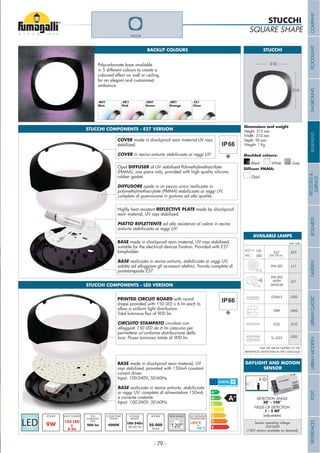STUCCHI
STUCCHI
Height: 310 mm
Width: 310 mm
Depth: 90 mm
Weight: 1 Kg
BACKLIT COLOURS
Polycarbonate base available
in 5 different colours to create a
coloured effect on wall or ceiling,
for an elegant and customized
ambience.
PinkBlue Green Orange Clear
Grey
Moulded colours:
Diffuser PMMA:
Black White
Opal
310
310
STUCCHI
STUCCHI COMPONENTS - E27 VERSION
STUCCHI COMPONENTS - LED VERSION
COVER made in shockproof resin material UV rays
stabilized.
COVER in resina antiurto stabilizzata ai raggi UV.
Opal DIFFUSER of UV stabilized Polimethylmethacrilate
(PMMA), one piece only, provided with high quality silicone
rubber gasket.
DIFFUSORE opale in un pezzo unico realizzato in
polymethylmethacrylate (PMMA) stabilizzato ai raggi UV,
completo di guarnizione in gomma ad alta qualità.
Highly heat resistant REFLECTIVE PLATE made by shockproof
resin material, UV rays stabilized.
PIATTO RIFLETTENTE ad alta resistenza al calore in resina
antiurto stabilizzata ai raggi UV.
BASE made in shockproof resin material, UV rays stabilized,
lampholder.
BASE realizzata in resina antiurto, stabilizzata ai raggi UV,
adatta ad alloggiare gli accessori elettrici. Fornita completa di
portalampada E27.
9W
POWER
900 lm
PCB
LUMINOUS
FLUX
100-240v
50/60 Hz
VOLTAGE
RANGE
4000K
COLOR TEMP.
KELVIN
PRINTED CIRCUIT BOARD with round
shape provided with 150 LED x 6 lm each to
allow a uniform light distribution.
CIRCUITO STAMPATO circolare con
alloggiati 150 LED da 6 lm ciascuno per
permettere un’uniforme distribuzione della
luce. Flusso luminoso totale di 900 lm.
BASE made in shockproof resin material, UV
rays stabilized, provided with 150mA constant
current driver.
Input: 100-240V, 50-60Hz
BASE realizzata in resina antiurto, stabilizzata
ai raggi UV, completa di alimentatore 150mA
a corrente costante.
Input: 100-240V, 50-60Hz
DAYLIGHT AND MOTION
SENSOR
DETECTION ANGLE
30° - 150°
FIELDS OF DETECTION
1 - 5 MT
Sensor operating voltage:
220-240V
(120V version available on demand).
(adjustable)
Add. Suffix
.E27E27CFL
LED
G23 .01G
GR8 .04G
9W LED .L11
9W LED
.LS1
.02G2x G23
.03GG24d-3
WITH
SENSOR
ADD THE ABOVE SUFFIXES TO THE
REFERENCES MENTIONED IN THE CATALOGUE
AVAILABLE LAMPS
MAX 180 mm
- 79 -
COMPANYFLOODLIGHTGARDENURBANCLASSICIN-GROUNDURBANMODERNREFERENCESBULKHEADPOSTBOLLARDSRECESSED&
SURFACE
 