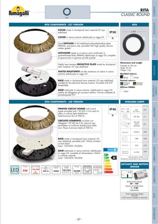 CLASSIC ROUND
RITA
RITA
Diameter: ø 355 mm
Depth: 90 mm
Weight: 1 Kg
ø 355
Moulded colours:
Painted colours:
Diffuser PMMA:
Black White
Antique
green
Antique
bronze
Opal
RITA
RITA COMPONENTS - E27 VERSION
RITA COMPONENTS - LED VERSION
9W
POWER
900 lm
PCB
LUMINOUS
FLUX
100-240v
50/60 Hz
VOLTAGE
RANGE
COVER made in shockproof resin material UV rays
stabilized.
COVER in resina antiurto stabilizzata ai raggi UV.
Opal DIFFUSER of UV stabilized polymethylmethacrylate
(PMMA), one piece only, provided with high quality silicone
rubber gasket.
DIFFUSORE opale in un pezzo unico realizzato in
polimetilmetacrilato (PMMA) stabilizzato ai raggi UV, completo
di guarnizione in gomma ad alta qualità.
Highly heat resistant REFLECTIVE PLATE made by shockproof
resin material, UV rays stabilized.
PIATTO RIFLETTENTE ad alta resistenza al calore in resina
antiurto stabilizzata ai raggi UV.
BASE made in shockproof resin material, UV rays stabilized,
lampholder.
BASE realizzata in resina antiurto, stabilizzata ai raggi UV,
adatta ad alloggiare gli accessori elettrici. Fornita completa di
portalampada E27.
4000K
COLOR TEMP.
KELVIN
PRINTED CIRCUIT BOARD with round
shape provided with 150 LED x 6 lm each to
allow a uniform light distribution.
CIRCUITO STAMPATO circolare con
alloggiati 150 LED da 6 lm ciascuno per
permettere un’uniforme distribuzione della
luce. Flusso luminoso totale di 900 lm.
BASE made in shockproof resin material, UV
rays stabilized, provided with 150mA constant
current driver.
Input: 100-240V, 50-60Hz
BASE realizzata in resina antiurto, stabilizzata
ai raggi UV, completa di alimentatore 150mA
a corrente costante.
Input: 100-240V, 50-60Hz
DAYLIGHT AND MOTION
SENSOR
DETECTION ANGLE
30° - 150°
FIELDS OF DETECTION
1 - 5 MT
Sensor operating voltage:
220-240V
(120V version available on demand).
(adjustable)
Add. Suffix
.E27E27CFL
LED
G23 .01G
GR8 .04G
9W LED .L11
9W LED
.LS1
.02G2x G23
.03GG24d-3
WITH
SENSOR
ADD THE ABOVE SUFFIXES TO THE
REFERENCES MENTIONED IN THE CATALOGUE
AVAILABLE LAMPS
MAX 180 mm
- 87 -
COMPANYFLOODLIGHTGARDENURBANCLASSICIN-GROUNDURBANMODERNREFERENCESBULKHEADPOSTBOLLARDSRECESSED&
SURFACE
 