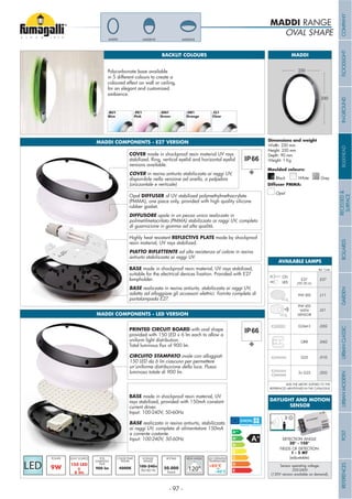 OVAL SHAPE
MADDI RANGE
BACKLIT COLOURS
Polycarbonate base available
in 5 different colours to create a
coloured effect on wall or ceiling,
for an elegant and customized
ambience.
MADDI
PinkBlue Green Orange Clear
Width: 230 mm
Height: 330 mm
Depth: 90 mm
Weight: 1 Kg
330
230
Grey
Moulded colours:
Diffuser PMMA:
Black White
Opal
MADDI-HLMADDI-VEMADDI
MADDI COMPONENTS - E27 VERSION
MADDI COMPONENTS - LED VERSION
COVER made in shockproof resin material UV rays
stabilized. Ring, vertical eyelid and horizontal eyelid
versions available.
COVER in resina antiurto stabilizzata ai raggi UV,
disponibile nella versione ad anello, a palpebra
(orizzontale e verticale)
Opal DIFFUSER of UV stabilized polymethylmethacrylate
(PMMA), one piece only, provided with high quality silicone
rubber gasket.
DIFFUSORE opale in un pezzo unico realizzato in
polimetilmetacrilato (PMMA) stabilizzato ai raggi UV, completo
di guarnizione in gomma ad alta qualità.
Highly heat resistant REFLECTIVE PLATE made by shockproof
resin material, UV rays stabilized.
PIATTO RIFLETTENTE ad alta resistenza al calore in resina
antiurto stabilizzata ai raggi UV.
BASE made in shockproof resin material, UV rays stabilized,
lampholder.
BASE realizzata in resina antiurto, stabilizzata ai raggi UV,
adatta ad alloggiare gli accessori elettrici. Fornita completa di
portalampada E27.
9W
POWER
900 lm
PCB
LUMINOUS
FLUX
100-240v
50/60 Hz
VOLTAGE
RANGE
4000K
COLOR TEMP.
KELVIN
PRINTED CIRCUIT BOARD with oval shape
provided with 150 LED x 6 lm each to allow a
uniform light distribution.
CIRCUITO STAMPATO ovale con alloggiati
150 LED da 6 lm ciascuno per permettere
un’uniforme distribuzione della luce. Flusso
luminoso totale di 900 lm.
BASE made in shockproof resin material, UV
rays stabilized, provided with 150mA constant
current driver.
Input: 100-240V, 50-60Hz
BASE realizzata in resina antiurto, stabilizzata
ai raggi UV, completa di alimentatore 150mA
a corrente costante.
Input: 100-240V, 50-60Hz
Ref. Code
.E27E27
CFL
LED
G23 .01G
GR8 .04G
9W LED .L11
9W LED
.LS1
.02G2x G23
.03GG24d-3
WITH
SENSOR
ADD THE ABOVE SUFFIXES TO THE
REFERENCES MENTIONED IN THE CATALOGUE
AVAILABLE LAMPS
MAX 180 mm
DAYLIGHT AND MOTION
SENSOR
DETECTION ANGLE
30° - 150°
FIELDS OF DETECTION
1 - 5 MT
Sensor operating voltage:
220-240V
(120V version available on demand).
(adjustable)
- 97 -
COMPANYFLOODLIGHTGARDENURBANCLASSICIN-GROUNDURBANMODERNREFERENCESBULKHEADPOSTBOLLARDSRECESSED&
SURFACE
 