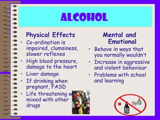 Alcohol
Physical Effects
• Co-ordination is
impaired, clumsiness,
slower reflexes
• High blood pressure,
damage to the heart
• Liver damage
• If drinking when
pregnant, FASD
• Life threatening when
mixed with other
drugs
Mental and
Emotional
• Behave in ways that
you normally wouldn’t
• Increase in aggressive
and violent behaviour
• Problems with school
and learning
 