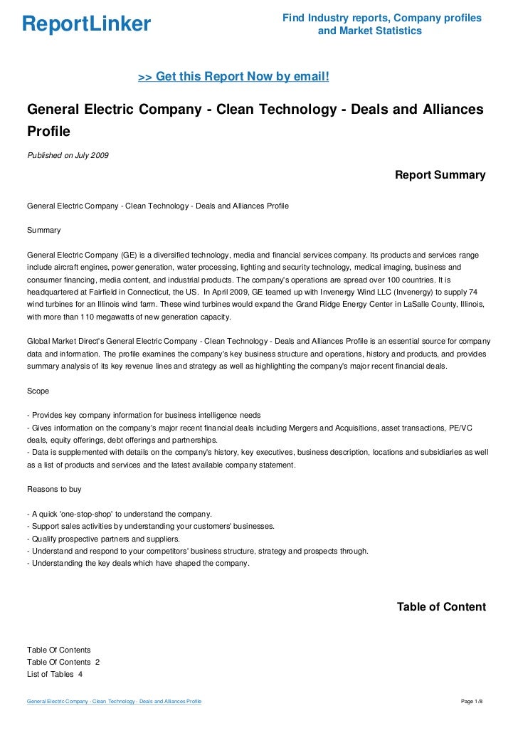 General Electric Company Clean Technology Deals And Alliances Pro