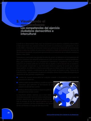 3.	Visualizando el
rompecabezas:
	

Las competencias del ejercicio
ciudadano democrático e
intercultural

A partir de lo desarrollado hasta aquí, reconocemos que el ejercicio ciudadano democrático
e intercultural tiene dos grandes ámbitos de acción: la convivencia y la participación. Ya en
el año 2004, el Ministerio de Educación evaluó por primera vez el desarrollo de aprendizajes
ligados a estos dos ámbitos de educación ciudadana a través de la Evaluación Nacional de
Rendimiento Estudiantil: Una primera aproximación a la evaluación de la reflexión ciudadana
(Dibós y otros 2004).
Tomando en cuenta estos dos grandes ámbitos de acción, se definieron las competencias del
ejercicio ciudadano que deberán fortalecerse en cada uno de nuestros y nuestras estudiantes.
Pero ¿qué entendemos por una competencia? Entendemos competencia como un saber
actuar en un contexto particular en función de un objetivo o de la solución de un problema.
Así, para poder comprender su real dimensión debemos explicitar la acción que el sujeto
desempeñará, los atributos o criterios esenciales que se deben exhibir al realizar la acción,
y la situación, contexto o condiciones en que dicha acción se llevará a cabo. Tomando en
cuenta lo dicho, esta propuesta de ejercicio ciudadano democrático e intercultural plantea el
desarrollo de tres grandes competencias:
l	 Convive de manera democrática en cualquier contexto o circunstancia, y con todas las

personas sin distinción.
l	 Delibera sobre asuntos públicos, a partir de argumentos

razonados, que estimulen la formulación de una
posición en pro del bien común.
l	 Participa democráticamente en espacios públicos

para promover el bien común.
Es importante señalar, además, que si bien estas
competencias pueden verse de manera aislada para
plantear experiencias de aprendizaje significativas,
solo la sinergia de las tres logrará generar un real
ejercicio ciudadano con las características que hemos
venido señalando a lo largo de este documento.

28
MOVILIZACIÓN NACIONAL POR LA MEJORA DE LOS APRENDIZAJES

 