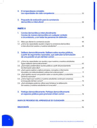 4. 	 El rompecabezas completo:
	
Las capacidades de cada competencia	35
----------------------------------------5. 	 Propuesta de evaluación para la convivencia
	
democrática e intercultural	 --------------------------------------------------------- 38

PARTE II
1. 	 Convive democrática e interculturalmente:
	
Convive de manera democrática en cualquier contexto
	
o circunstancia, y con todas las personas sin distinción	43
---------------------1.1	 Mitos que afectan la convivencia escolar	
44
1.2	 ¿Cómo las capacidades ayudan a lograr la convivencia democrática
	
e intercultural de nuestros y nuestras estudiantes?	 ------------------------------------- 48

2.	 Delibera democráticamente: Delibera sobre asuntos públicos,
	
a partir de argumentos razonados, que estimulen la formulación
	
de una posición en pro del bien común	61
----------------------------------------2.1	
	
2.2	
	
2.3	
	
2.4	
	
2.5	
	
2.6	
	

¿Cómo las capacidades nos ayudan a que nuestros y nuestras estudiantes
logren deliberar democráticamente?	---------------------------------------------------- 65
¿Qué implica problematizar asuntos públicos a partir del procesamiento
de información sobre ellos?	
--------------------------------------------------------------- 69
¿Qué supone explicar y aplicar principios, conceptos e información
vinculada a la institucionalidad y valores de la democracia?	--------------------------- 71
¿Qué significa asumir una posición sobre un asunto público y sustentarla
de forma razonada?	--------------------------------------------------------------------- 73
¿Cómo lograr que nuestros y nuestras estudiantes construyan consensos
en búsqueda del bien común?	 ---------------------------------------------------------- 73
¿Qué estrategias podemos utilizar para fortalecer la deliberación
de nuestros y nuestras estudiantes en la escuela?	-------------------------------------- 74

3.	 Participa democráticamente: Participa democráticamente
	
en espacios públicos para promover el bien común	78
------------------------MAPA DE PROGRESO DEL APRENDIZAJE DE CIUDADANÍA	 ------------------------- 94
BIBLIOGRAFÍA	 ------------------------------------------------------------------------------- 96

4
MOVILIZACIÓN NACIONAL POR LA MEJORA DE LOS APRENDIZAJES

 