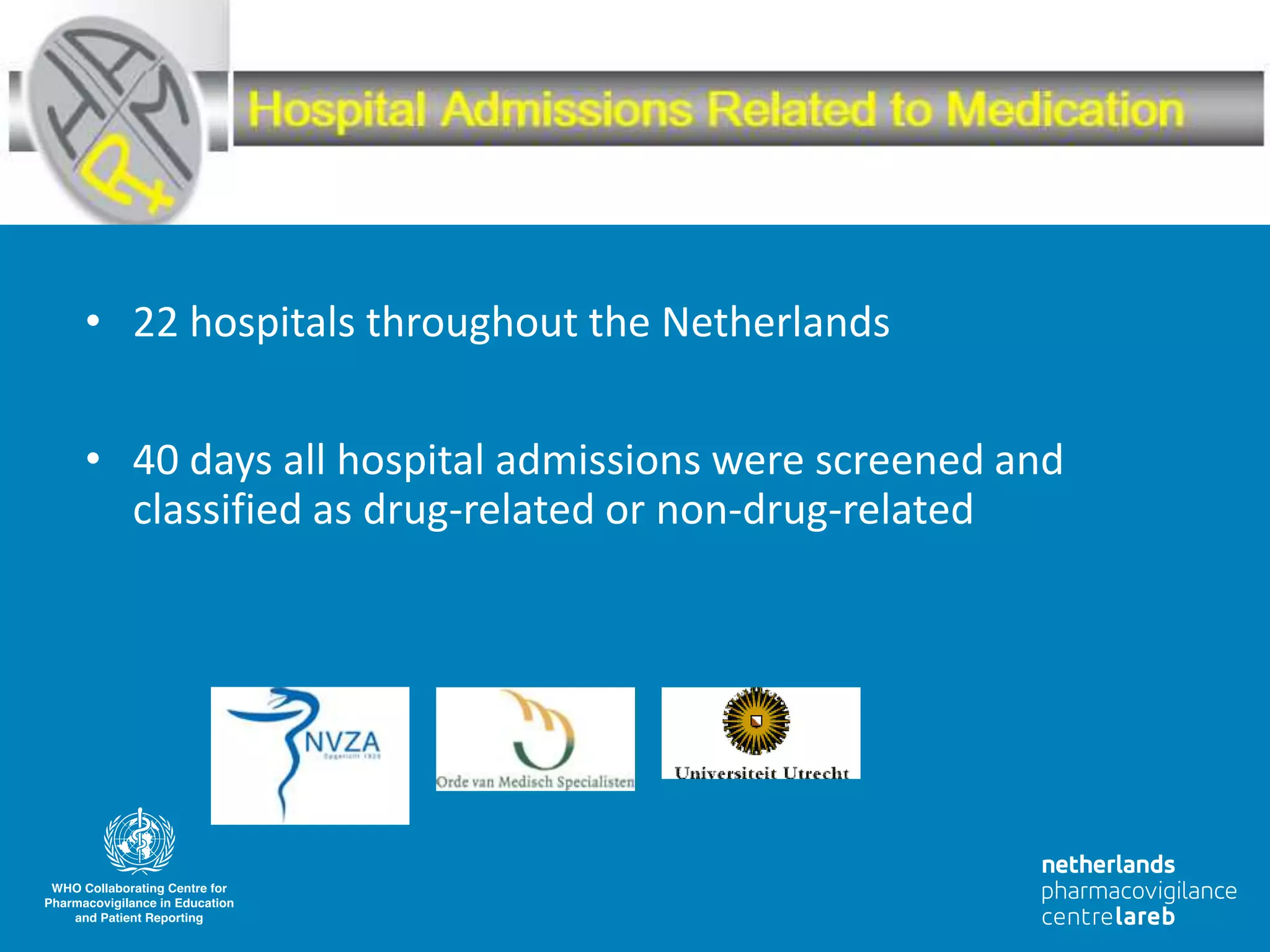 • 22 hospitals throughout the Netherlands
• 40 days all hospital admissions were screened and
classified as drug-related or non-drug-related
 