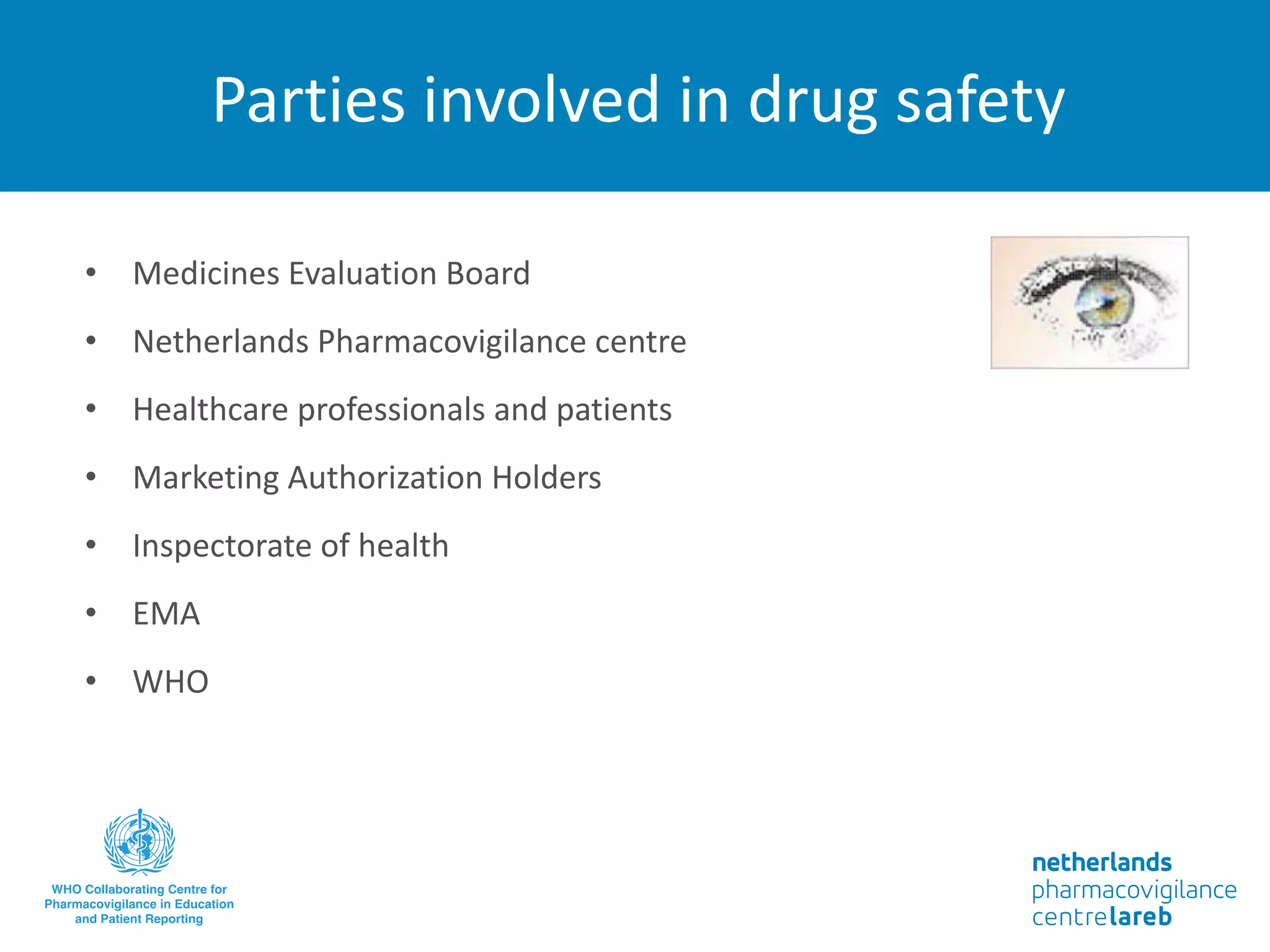 Parties involved in drug safety
• Medicines Evaluation Board
• Netherlands Pharmacovigilance centre
• Healthcare professionals and patients
• Marketing Authorization Holders
• Inspectorate of health
• EMA
• WHO
 