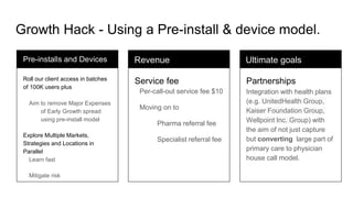 Growth Hack - Using a Pre-install & device model.
Pre-installs and Devices
Roll our client access in batches
of 100K users plus
Aim to remove Major Expenses
of Early Growth spread
using pre-install model
Explore Multiple Markets,
Strategies and Locations in
Parallel
Learn fast
Mitigate risk
Revenue
Service fee
Per-call-out service fee $10
Moving on to
Pharma referral fee
Specialist referral fee
Ultimate goals
Partnerships
Integration with health plans
(e.g. UnitedHealth Group,
Kaiser Foundation Group,
Wellpoint Inc. Group) with
the aim of not just capture
but converting large part of
primary care to physician
house call model.
 