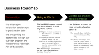 Business Roadmap
Partnerships
We will use pre-
installation partnerships
to grow patient base
We are growing the
doctor base through our
outreach program and
will later ouse Facebook
Ads and AdWords.
Using AdWords
The first $250K creates a model
that would allow us to scale
anywhere, anytime.
$100K goes on actual Adwords over
3 months. Grows us to 400% of
Pager size.
$100K pays for dedicated in-house
Adwords team in Palo Alto
$50K goes on campaign design/team
training personally by Perry
Marshall to improve CPA to his
typical levels
After the campaigns are optimized
the next $10M-$20M allows us to
dominate the market
Creates an ongoing
scalable process
Use AdWord success to
raise immediately raise
Series-B
Uber and AirBnB use this AdWord
growth model successfully
today.
Should allow us to not just raise
Series-A, but also to have a
model that would allow us to
outstrip our competition in every
state to dominate the $10
Billion+ market.
 