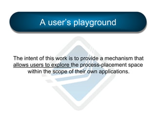 A user’s playground

The intent of this work is to provide a mechanism that
allows users to explore the process-placement space
within the scope of their own applications.

 