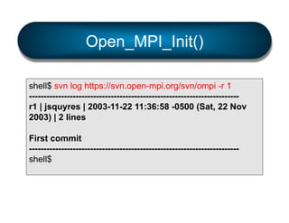 Open_MPI_Init()
shell$ svn log https://svn.open-mpi.org/svn/ompi -r 1
-----------------------------------------------------------------------r1 | jsquyres | 2003-11-22 11:36:58 -0500 (Sat, 22 Nov
2003) | 2 lines
First commit
-----------------------------------------------------------------------shell$

 