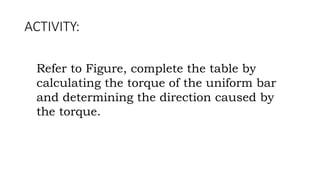 ACTIVITY:
Refer to Figure, complete the table by
calculating the torque of the uniform bar
and determining the direction caused by
the torque.
 
