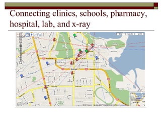 Connecting clinics, schools, pharmacy, hospital, lab, and x-ray 