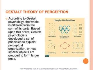  According to Gestalt
psychology, the whole
is different from the
sum of its parts. Based
upon this belief, Gestalt
psychologists
developed a set of
principles to explain
perceptual
organization, or how
smaller objects are
grouped to form larger
ones.
TCP PRESENTO 2020, THIAGARAJAR COLLEGE OF PRECEPTORS, MADURAI.
 