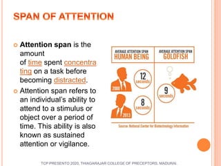  Attention span is the
amount
of time spent concentra
ting on a task before
becoming distracted.
 Attention span refers to
an individual’s ability to
attend to a stimulus or
object over a period of
time. This ability is also
known as sustained
attention or vigilance.
TCP PRESENTO 2020, THIAGARAJAR COLLEGE OF PRECEPTORS, MADURAI.
 