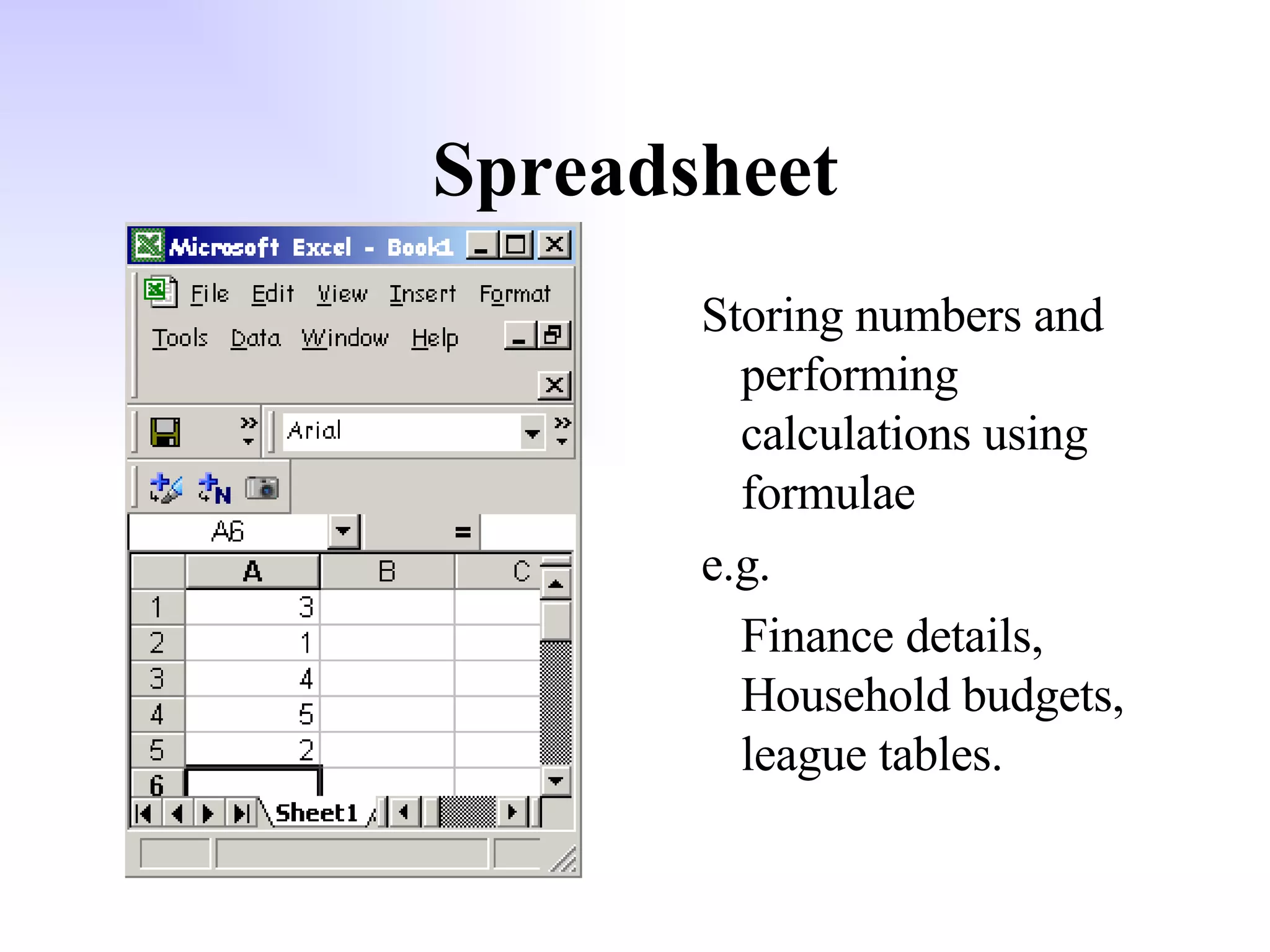 Spreadsheet Storing numbers and performing calculations using formulae e.g. Finance details, Household budgets, league tables. 