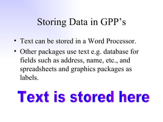 Storing Data in GPP’s Text can be stored in a Word Processor. Other packages use text e.g. database for fields such as address, name, etc., and spreadsheets and graphics packages as labels. Text is stored here 