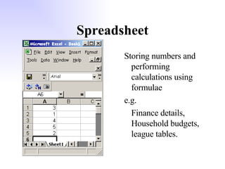 Spreadsheet Storing numbers and performing calculations using formulae e.g. Finance details, Household budgets, league tables. 