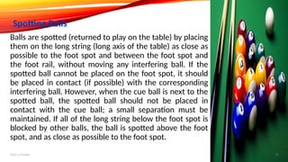 Balls are spotted (returned to play on the table) by placing
them on the long string (long axis of the table) as close as
possible to the foot spot and between the foot spot and
the foot rail, without moving any interfering ball. If the
spotted ball cannot be placed on the foot spot, it should
be placed in contact (if possible) with the corresponding
interfering ball. However, when the cue ball is next to the
spotted ball, the spotted ball should not be placed in
contact with the cue ball; a small separation must be
maintained. If all of the long string below the foot spot is
blocked by other balls, the ball is spotted above the foot
spot, and as close as possible to the foot spot.
Spotting Balls
Add a footer 10
 