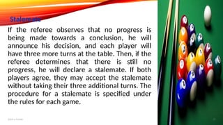 If the referee observes that no progress is
being made towards a conclusion, he will
announce his decision, and each player will
have three more turns at the table. Then, if the
referee determines that there is still no
progress, he will declare a stalemate. If both
players agree, they may accept the stalemate
without taking their three additional turns. The
procedure for a stalemate is specified under
the rules for each game.
Stalemate
Add a footer 21
 