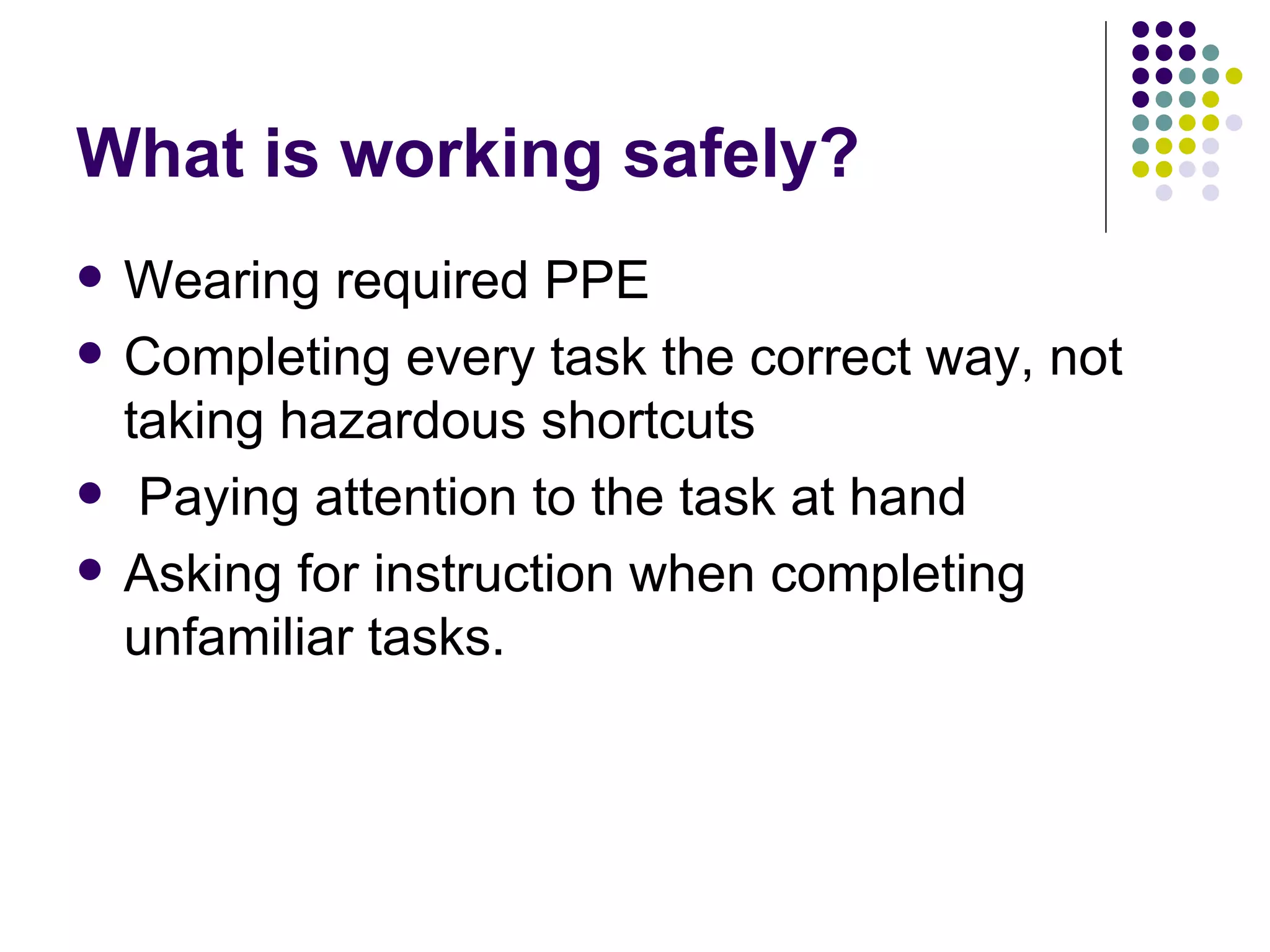What is working safely? Wearing required PPE Completing every task the correct way, not taking hazardous shortcuts  Paying attention to the task at hand  Asking for instruction when completing unfamiliar tasks.  
