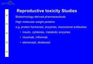 Reproductive toxicity Studies
Biotechnology-derived pharmaceuticals
High molecular weight proteins
e.g. protein hormones, enzymes, monoclonal antibodies
• insulin, cytokines, metabolic enzymes
• rituximab, infliximab
• etanercept, abatacept
 