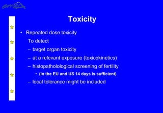 Toxicity
• Repeated dose toxicity
To detect
– target organ toxicity
– at a relevant exposure (toxicokinetics)
– histopatholological screening of fertility
• (in the EU and US 14 days is sufficient)
– local tolerance might be included
 