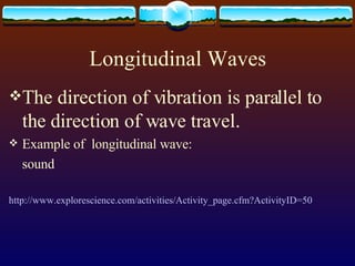 Longitudinal Waves The direction of vibration is parallel to the direction of wave travel. Example of  longitudinal wave: sound  http://www.explorescience.com/activities/Activity_page.cfm?ActivityID =50   