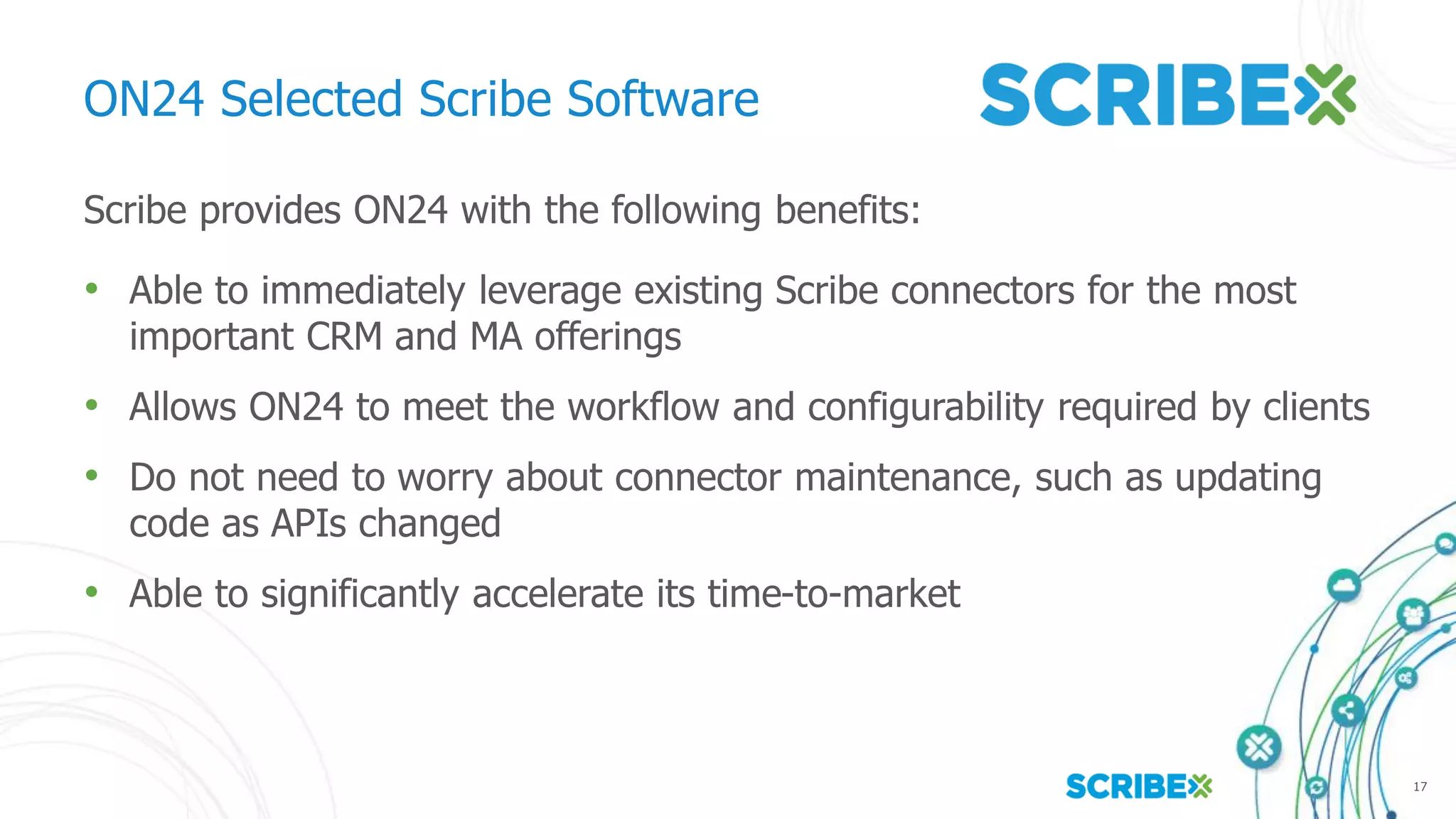 17
ON24 Selected Scribe Software
Scribe provides ON24 with the following benefits:
• Able to immediately leverage existing Scribe connectors for the most
important CRM and MA offerings
• Allows ON24 to meet the workflow and configurability required by clients
• Do not need to worry about connector maintenance, such as updating
code as APIs changed
• Able to significantly accelerate its time-to-market
 