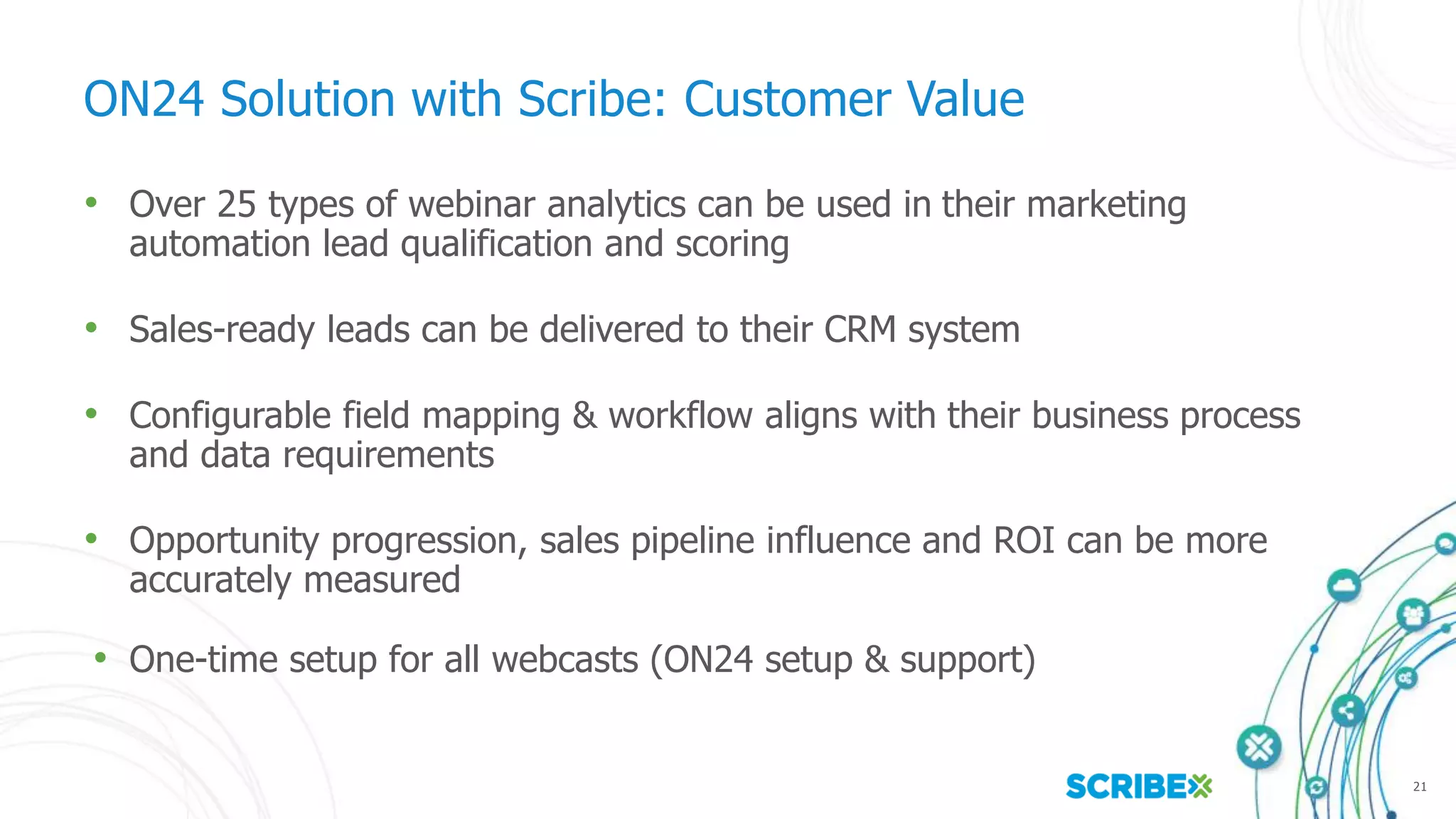 21
ON24 Solution with Scribe: Customer Value
• Over 25 types of webinar analytics can be used in their marketing
automation lead qualification and scoring
• Sales-ready leads can be delivered to their CRM system
• Configurable field mapping & workflow aligns with their business process
and data requirements
• Opportunity progression, sales pipeline influence and ROI can be more
accurately measured
• One-time setup for all webcasts (ON24 setup & support)
 