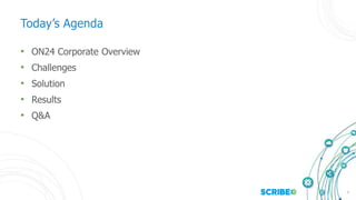 2
Today’s Agenda
• ON24 Corporate Overview
• Challenges
• Solution
• Results
• Q&A
 