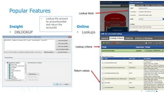 30
Insight
• DBLOOKUP
Online
• Lookups
Popular Features
• Lookup the account
by accountnumber
and return the
accountid
Lookup block
Lookup criteria
Return values
 