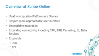 8
Overview of Scribe Online
• iPaaS – integration Platform as a Service
• Simpler, more approachable user interface
• Embeddable integration
• Expanding connectivity, including CRM, ERP, Marketing, BI, Data
Services
• Extensible
◦ CDK
◦ API
 