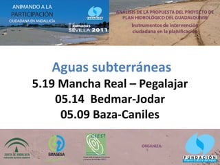 Aguas subterráneas



   Aguas subterráneas
5.19 Mancha Real – Pegalajar
    05.14 Bedmar-Jodar
     05.09 Baza-Caniles
 