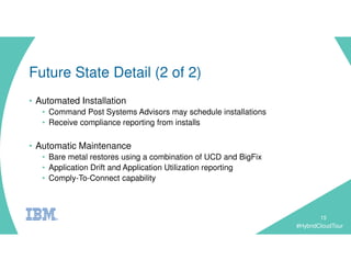 #HybridCloudTour
Future State Detail (2 of 2)
15
• Automated Installation
• Command Post Systems Advisors may schedule installations
• Receive compliance reporting from installs
• Automatic Maintenance
• Bare metal restores using a combination of UCD and BigFix
• Application Drift and Application Utilization reporting
• Comply-To-Connect capability
 