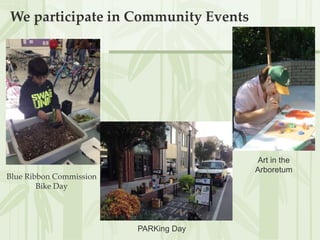 We participate in Community Events
Blue Ribbon Commission
Bike Day
PARKing Day
Art in the
Arboretum
 