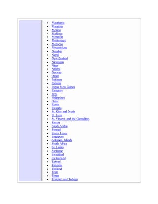 Mauritania
 Mauritius
 Mexico
 Moldova
 Mongolia
 Montenegro
 Morocco
 Mozambique
 Namibia
 Nepal
 New Zealand
 Nicaragua
 Niger
 Nigeria
 Norway
 Oman
 Pakistan
 Panama
 Papua New Guinea
 Paraguay
 Peru
 Philippines
 Qatar
 Russia
 Rwanda
 St. Kitts and Nevis
 St. Lucia
 St. Vincent and the Grenadines
 Samoa
 Saudi Arabia
 Senegal
 Sierra Leone
 Singapore
 Solomon Islands
 South Africa
 Sri Lanka
 Suriname
 Swaziland
 Switzerland
 Taiwan³
 Tanzania
 Thailand
 Togo
 Tonga
 Trinidad and Tobago
 