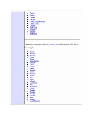  Tunisia
 Turkey
 Uganda
 Ukraine
 United Arab Emirates
 United States
 Uruguay
 Venezuela
 Vietnam
 Zambia
 Zimbabwe
1. All twenty-eight member states ofthe European Union are also members of the WTO in
their own right:
 Austria
 Belgium
 Bulgaria
 Croatia
 Cyprus
 Czech Republic
 Denmark
 Estonia
 Finland
 France
 Germany
 Greece
 Hungary
 Ireland
 Italy
 Latvia
 Lithuania
 Luxembourg
 Malta
 Netherlands
 Poland
 Portugal
 Romania
 Slovakia
 Slovenia
 Spain
 Sweden
 United Kingdom
 